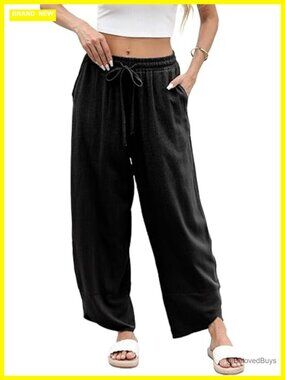 Wide Leg Linen Pants Elastic Waisted Baggy Barrel Harem Lounge Pants